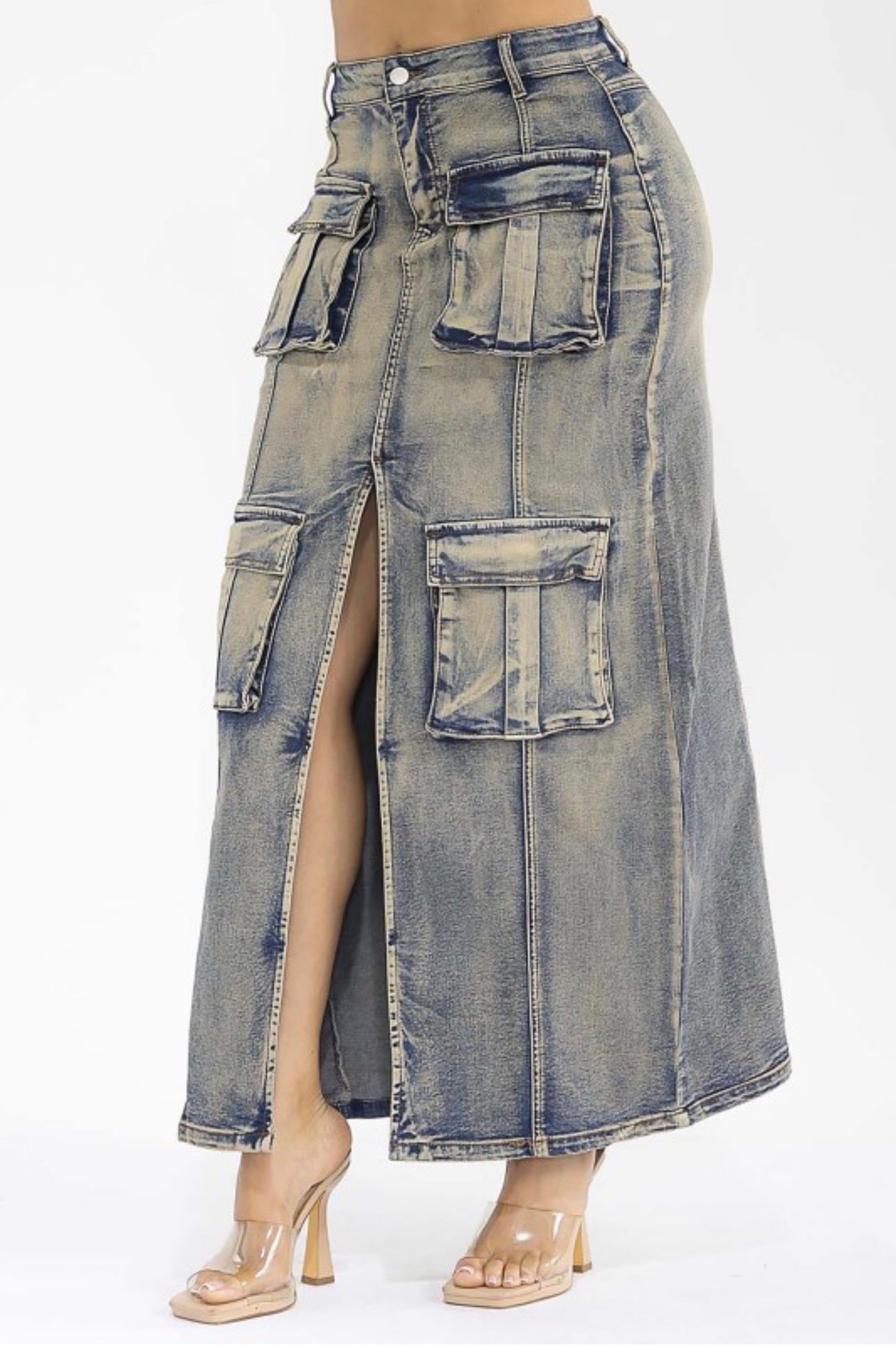 Acid Wash Cargo Denim Skirt