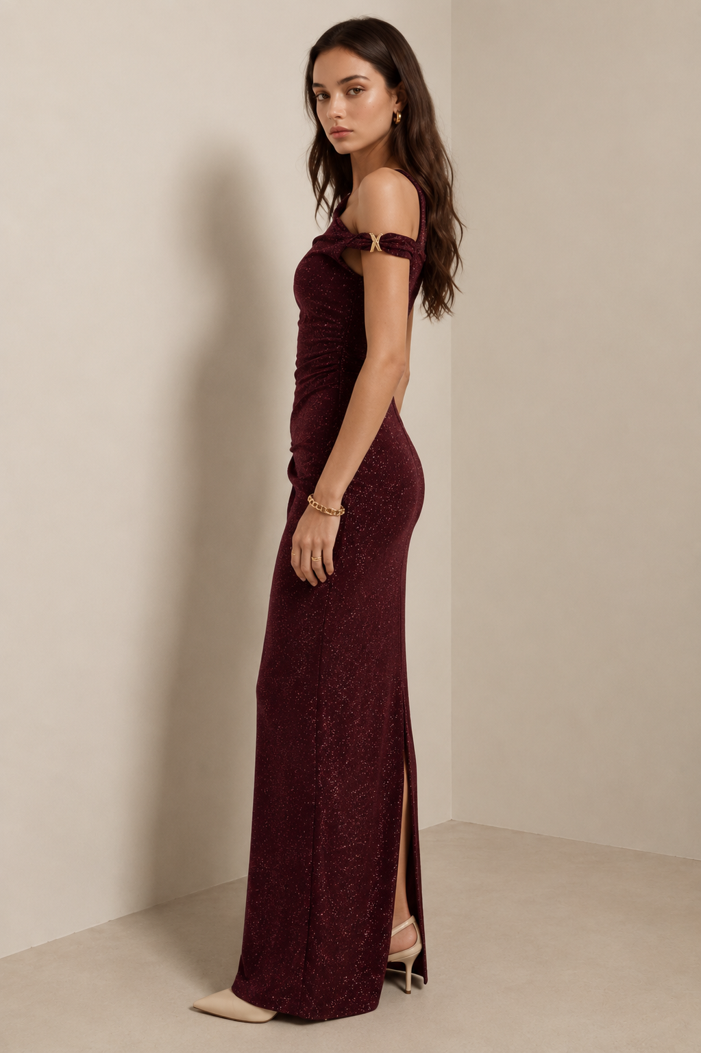 Sparkle Evening Boat Neck Maxi Dress with Twisted Gold Accents