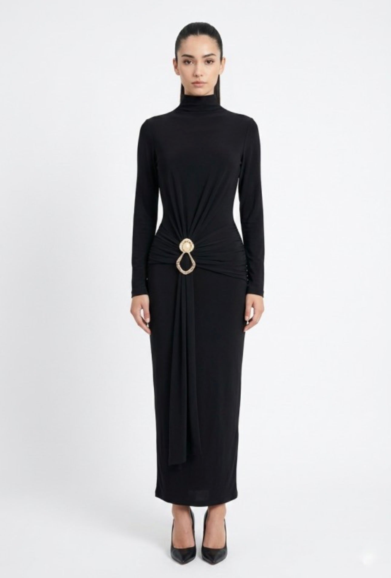Mock Neck Ruche Drape Long Sleeve Maxi Dress with Gold Accent
