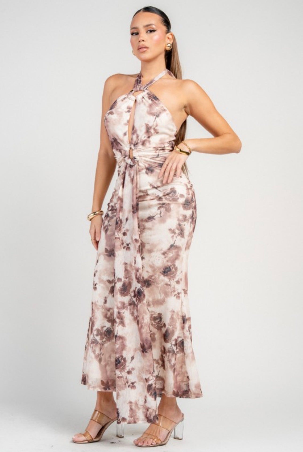 Brown Floral Halter Drape Maxi Dress