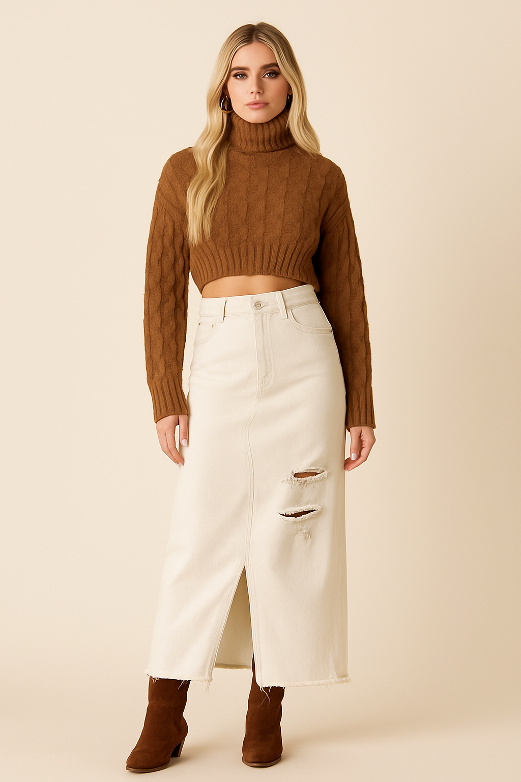 Ultra Crop Turtle Neck Heavy Cable Knit Sweater