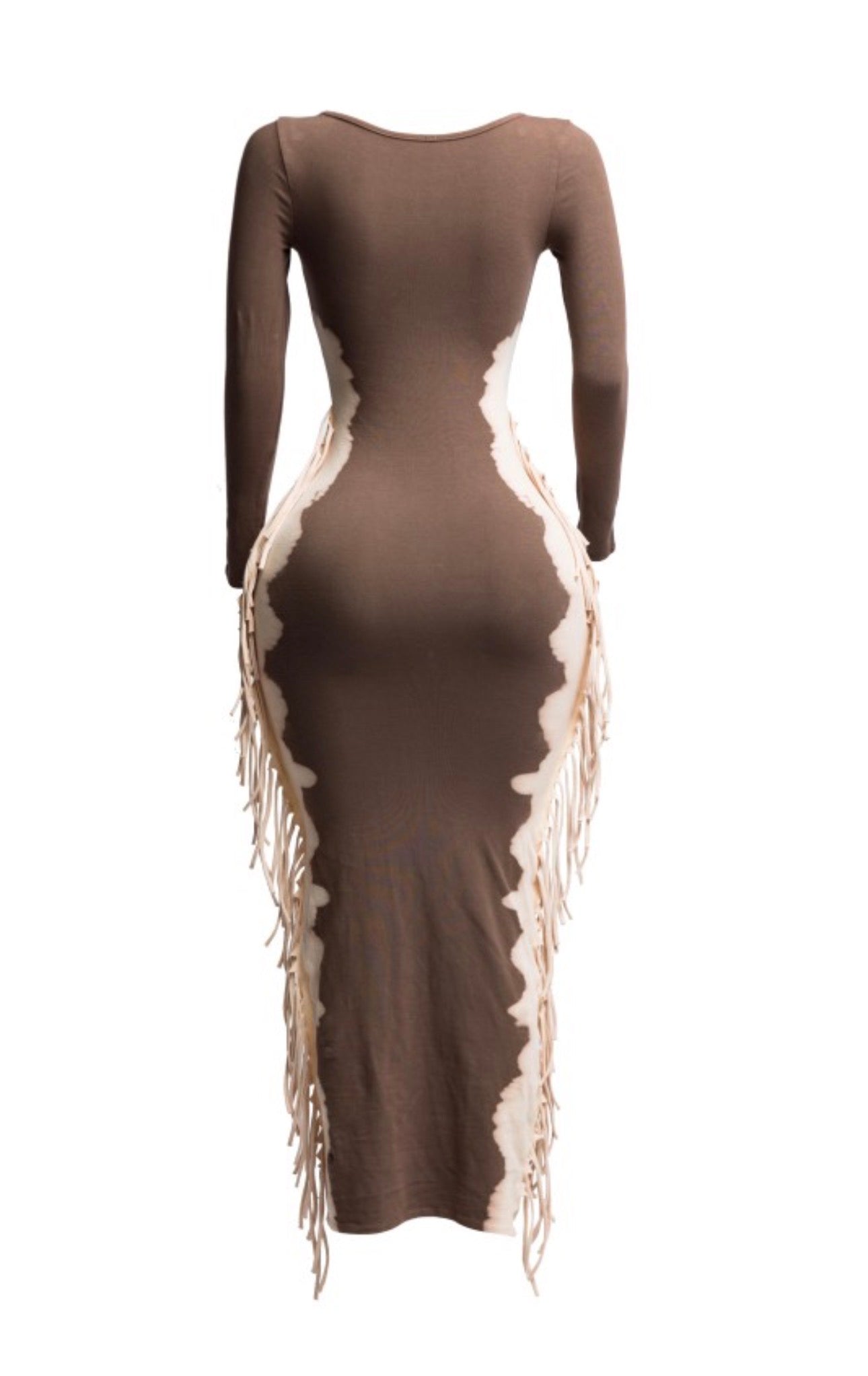 Fringe Bleach Scoop Neck Long Sleeve Maxi Dress