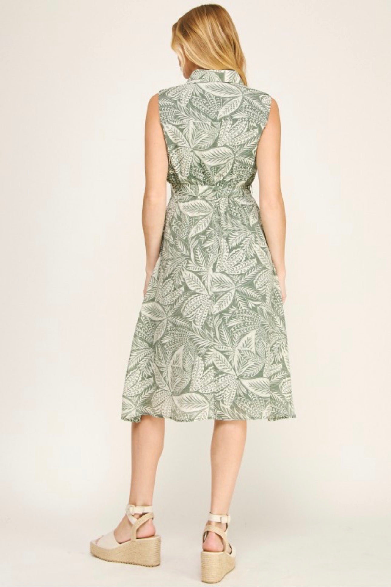 Green Paisley Collared Tie Front Dress