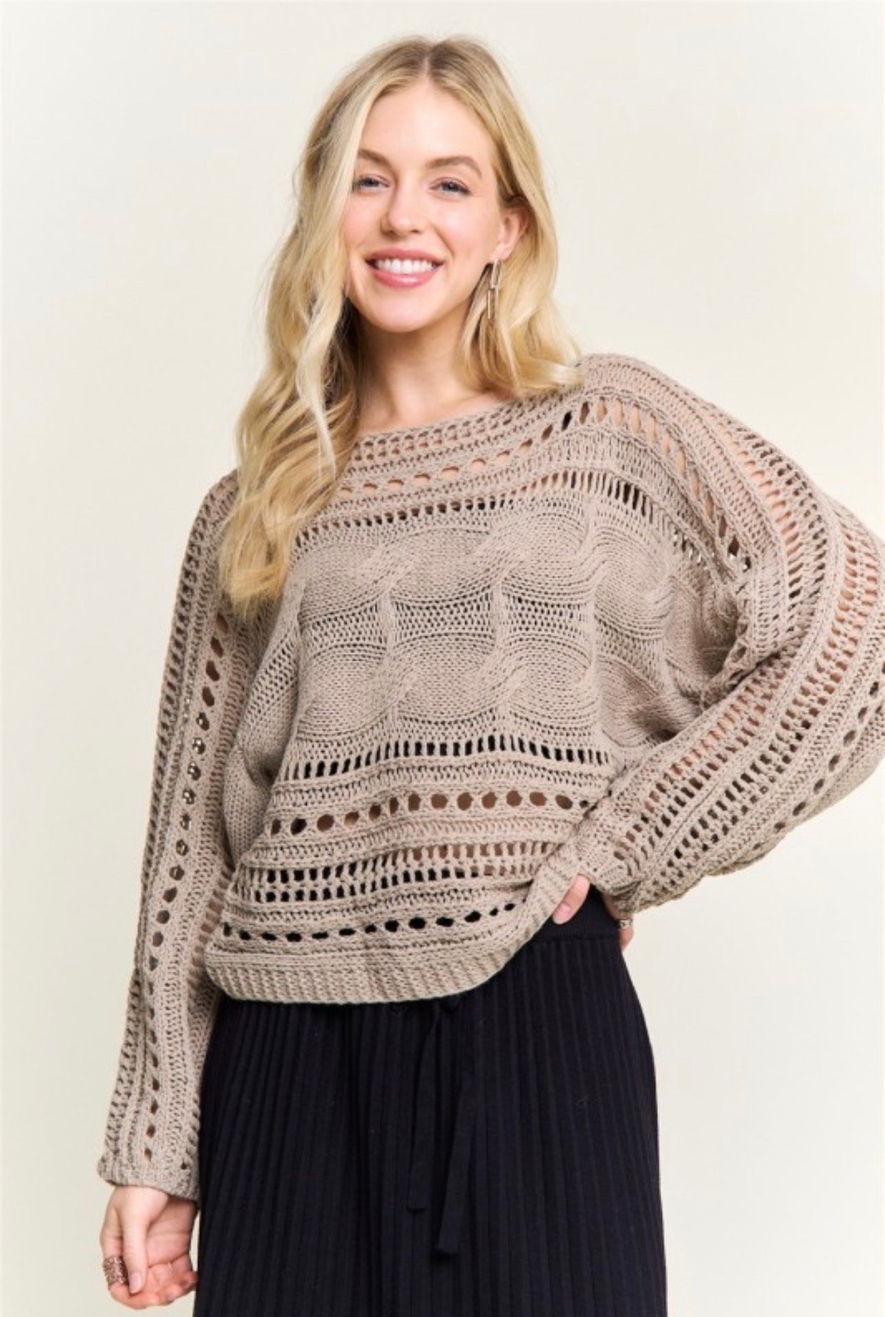 Cable Knit Openwork Long Sleeve Sweater