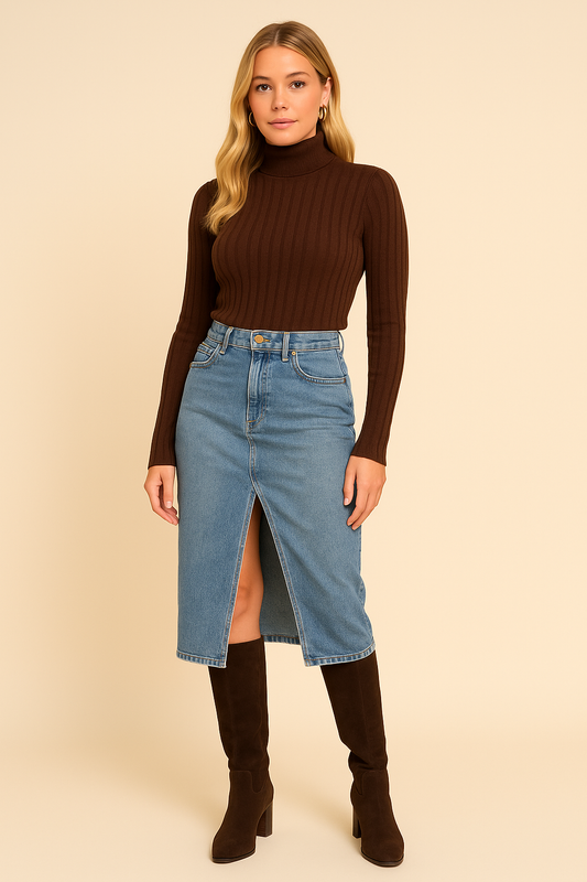 Denim Midi Skirt with Front Slit