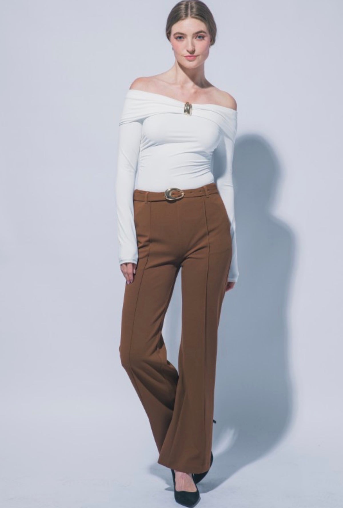 Off-the-Shoulder Front Gold Twist Long Sleeve Bodysuit