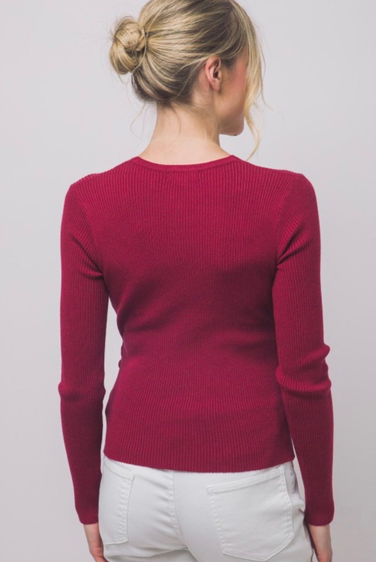 Rib Wrap V Neck Long Sleeve with Gold Accent