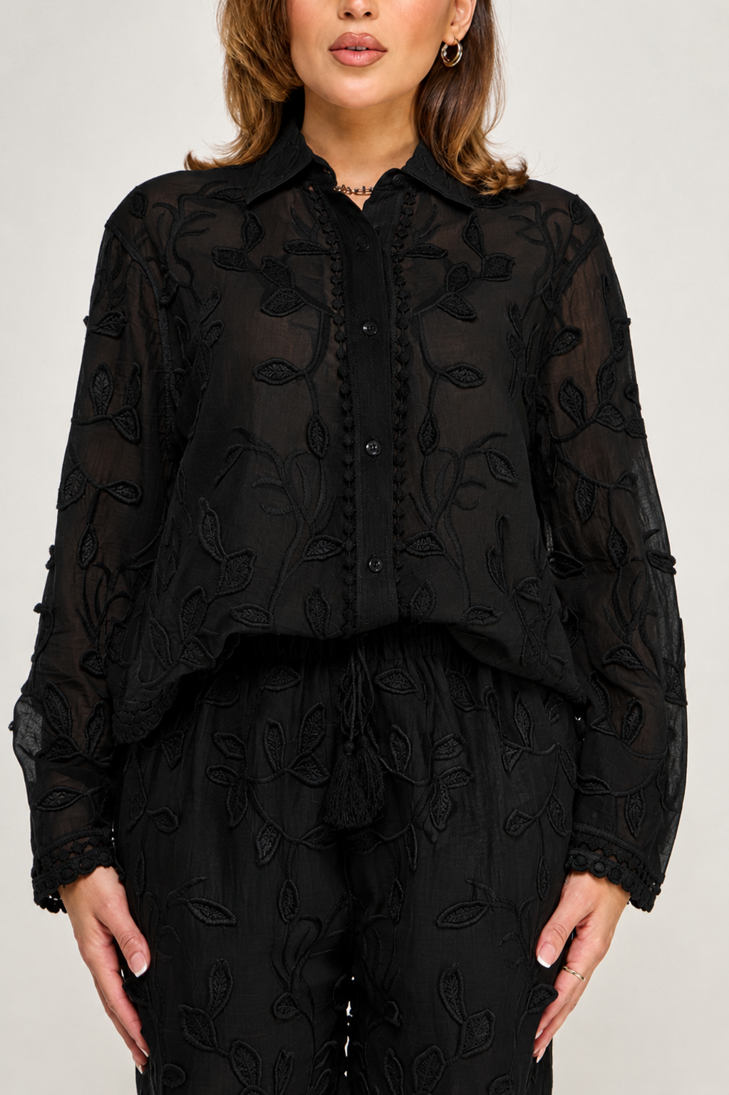 Boho Vine Embroidered Button Up and Pants Set