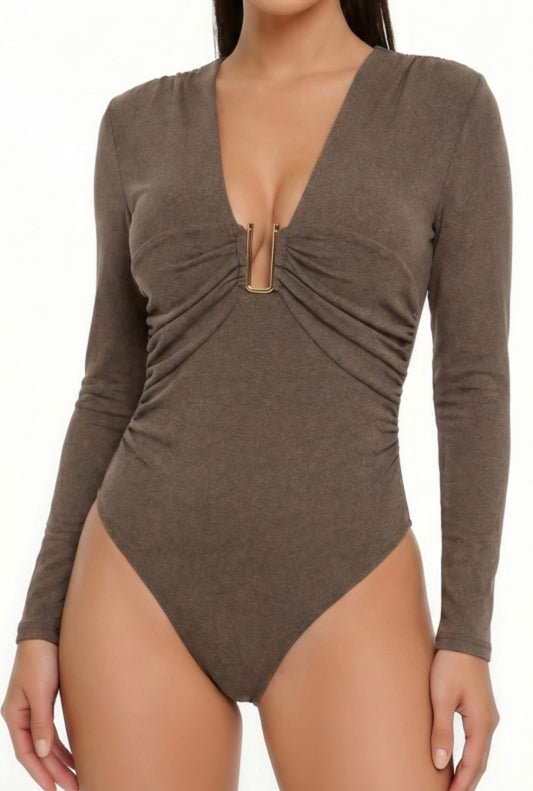 Long Sleeve Ruche Plunge Soft Bodysuit with Gold Accent