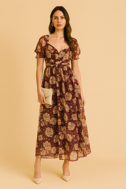 Autumn Floral Sweetheart Maxi Dress with Puffed Sleeves