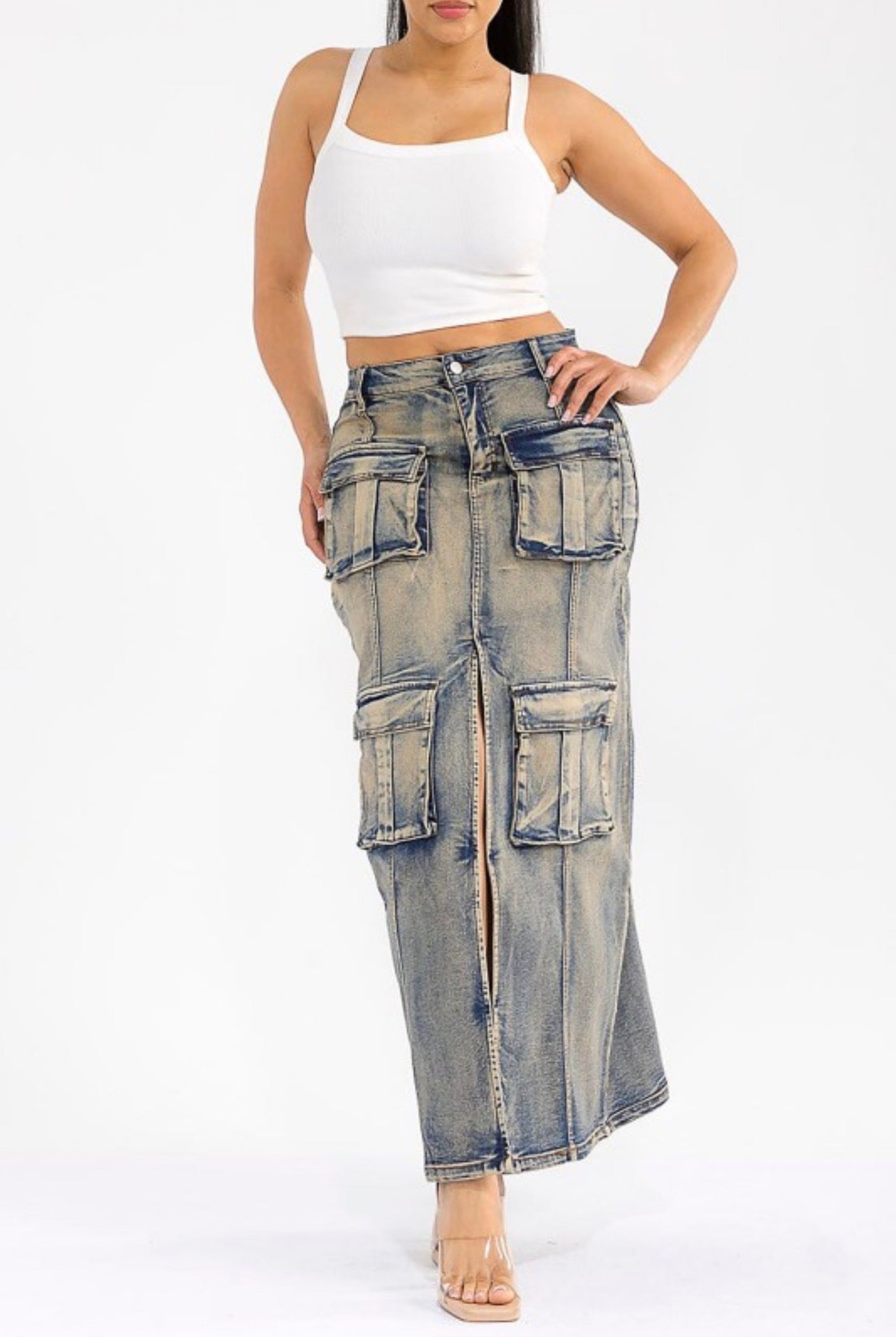 Acid Wash Cargo Denim Skirt