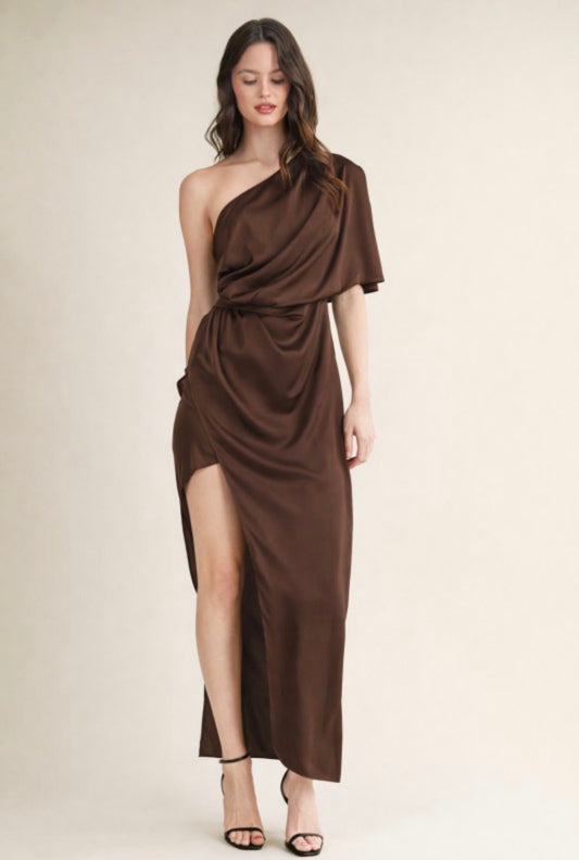 Brown Silk Drape One-shoulder Maxi Dress