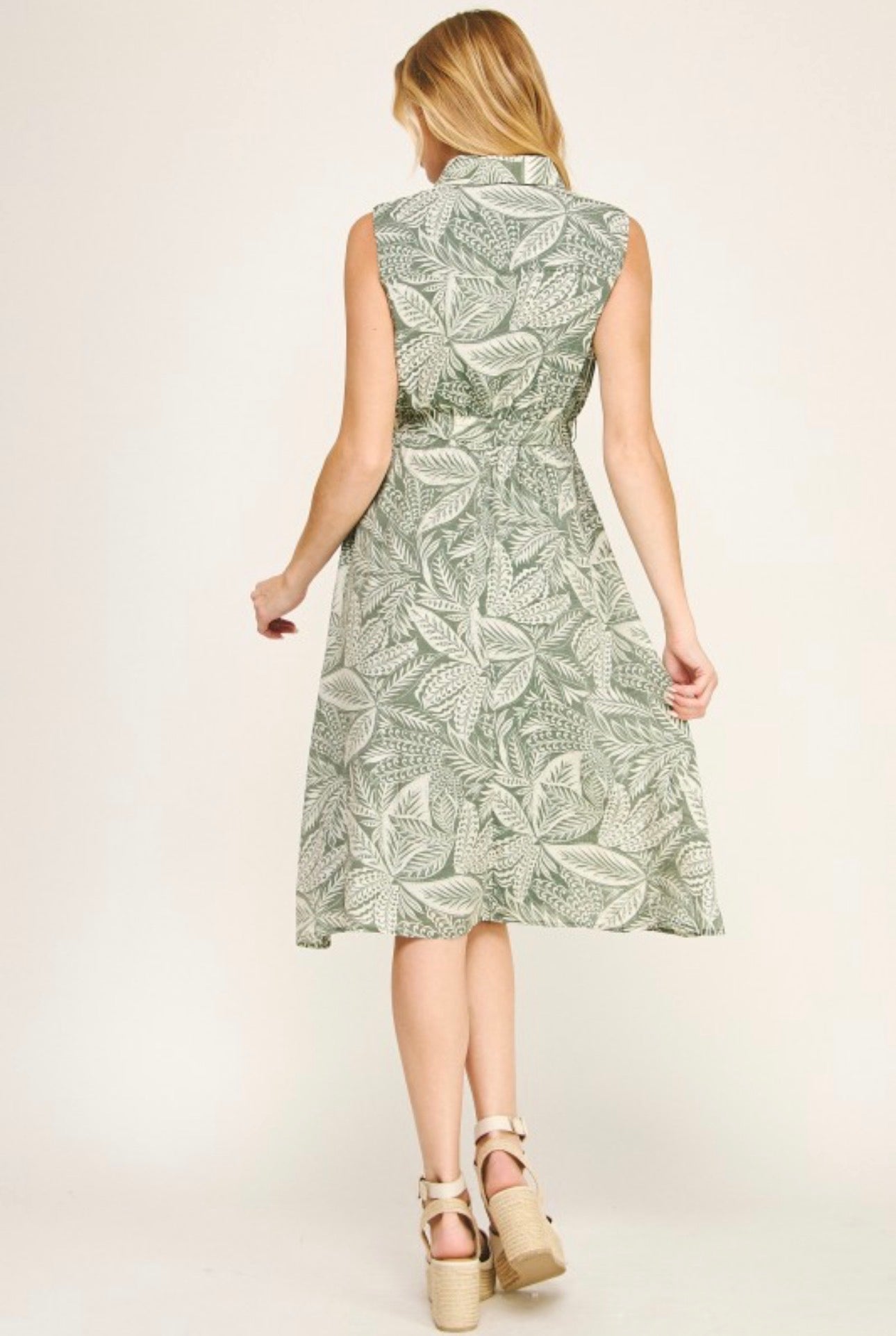 Green Paisley Collared Tie Front Dress