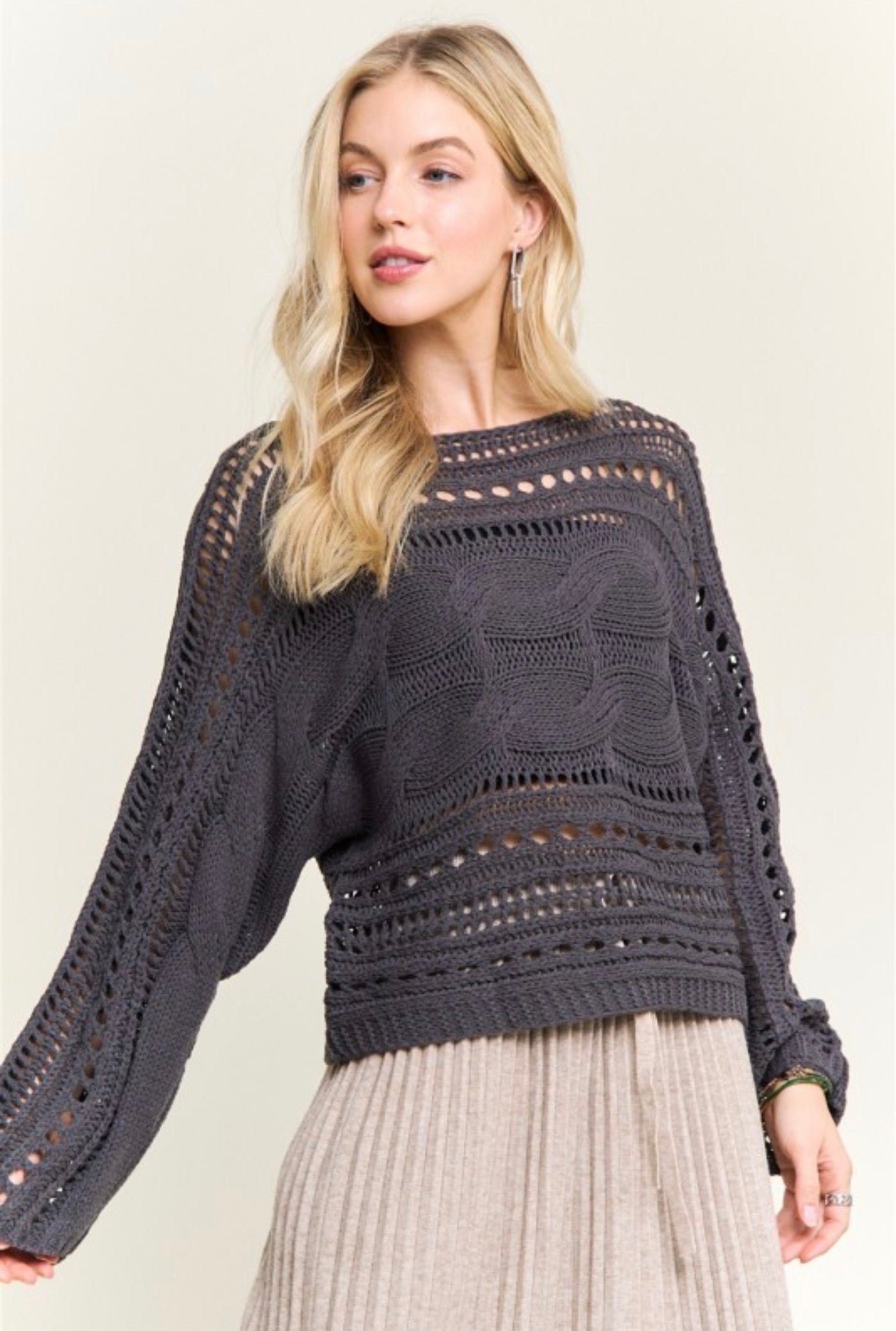 Cable Knit Openwork Long Sleeve Sweater