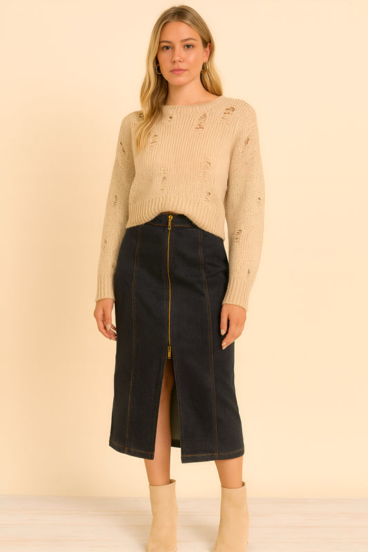 Front Zip Midi Denim Skirt with Front Slit