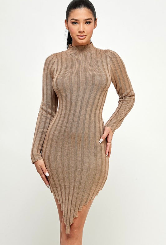 Knit Mock Neck Long Sleeve Midi Dress with Asymmetrical Hem