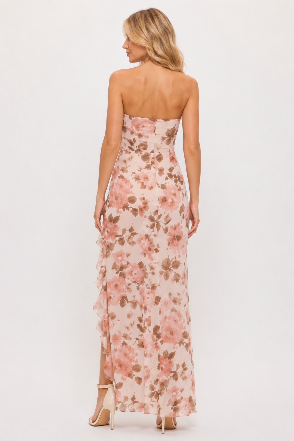 Taupe Floral Strapless Maxi Dress with Ruffle Slit