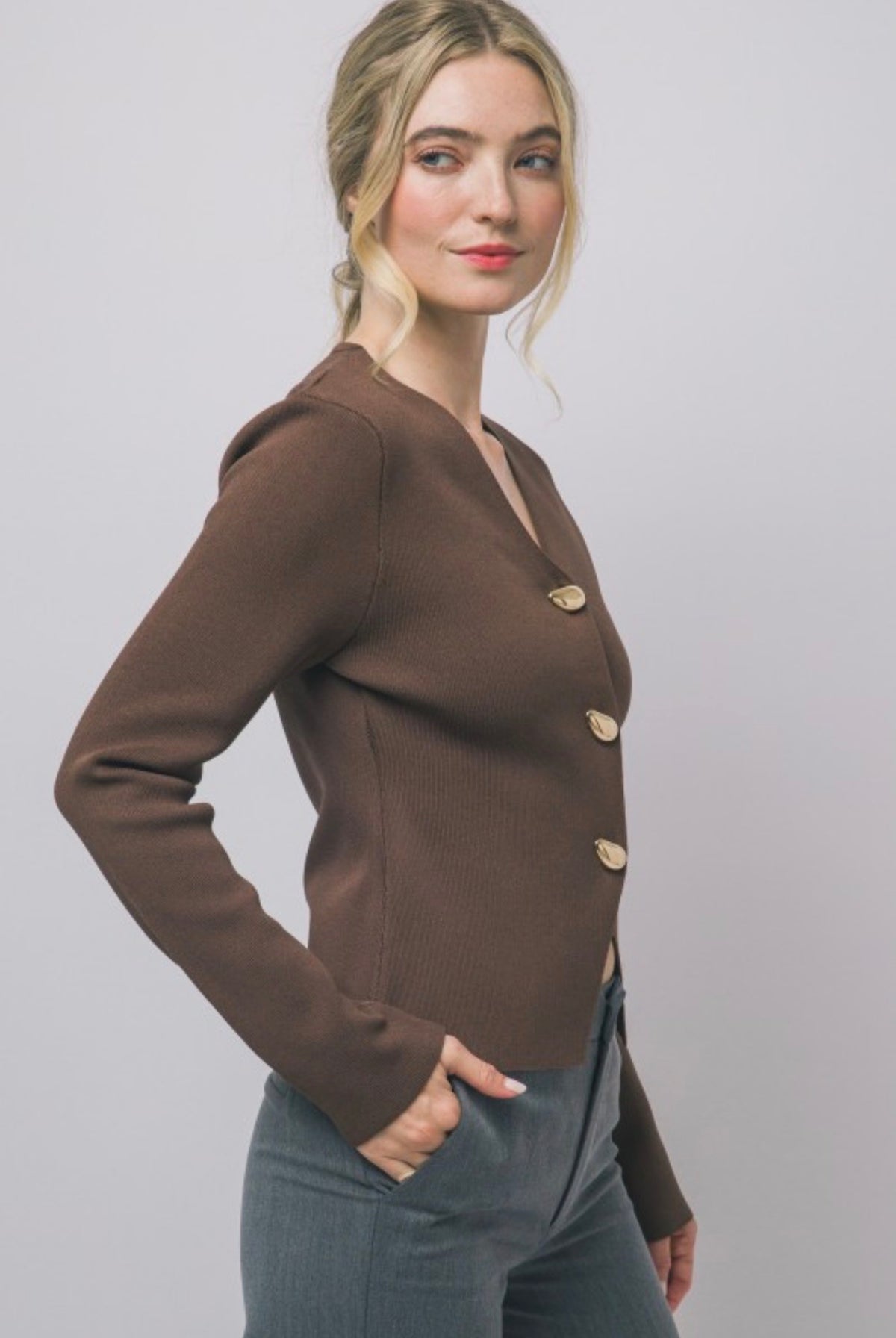 Split Front Ribbed Gold Button Front Cardigan