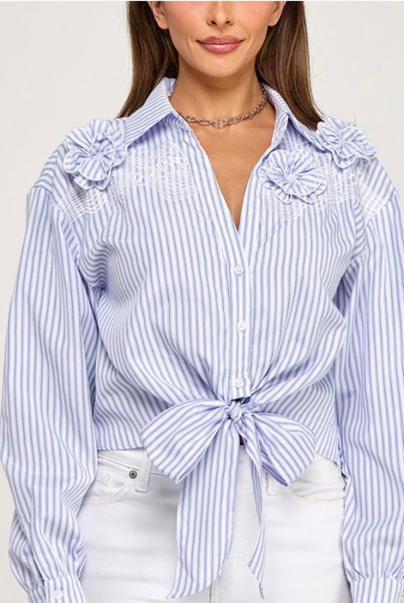Pinstripe Button Blouse with Florals