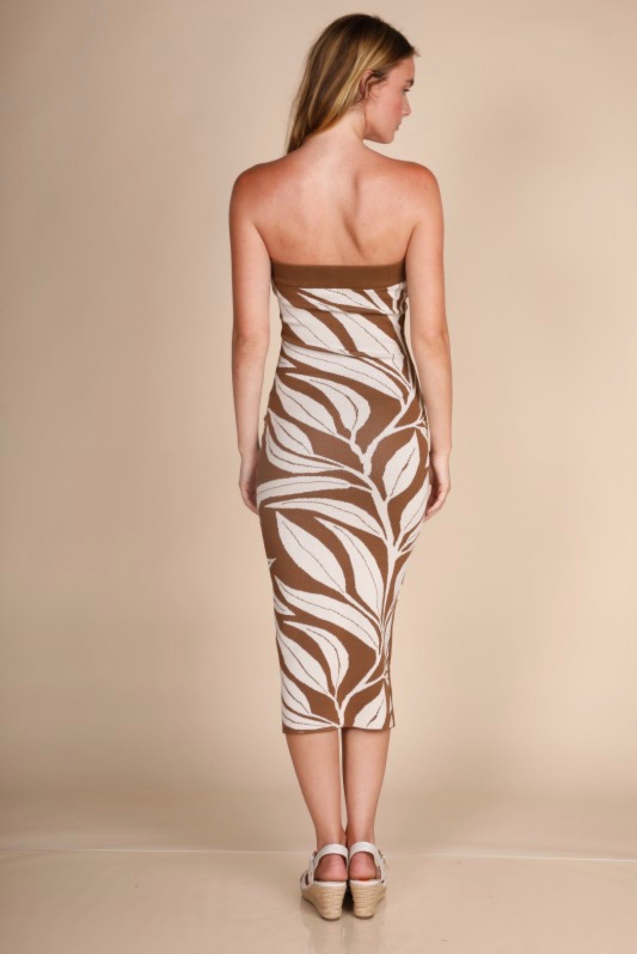 Tropical Knit Strapless Midi Dress