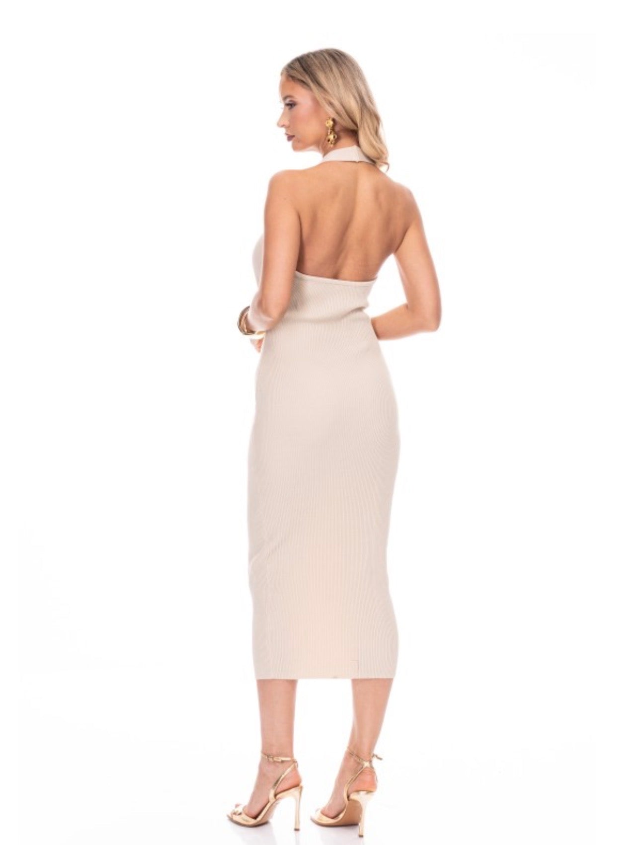 Ribbed Halter Cutout Midi Dress with Gold Accent