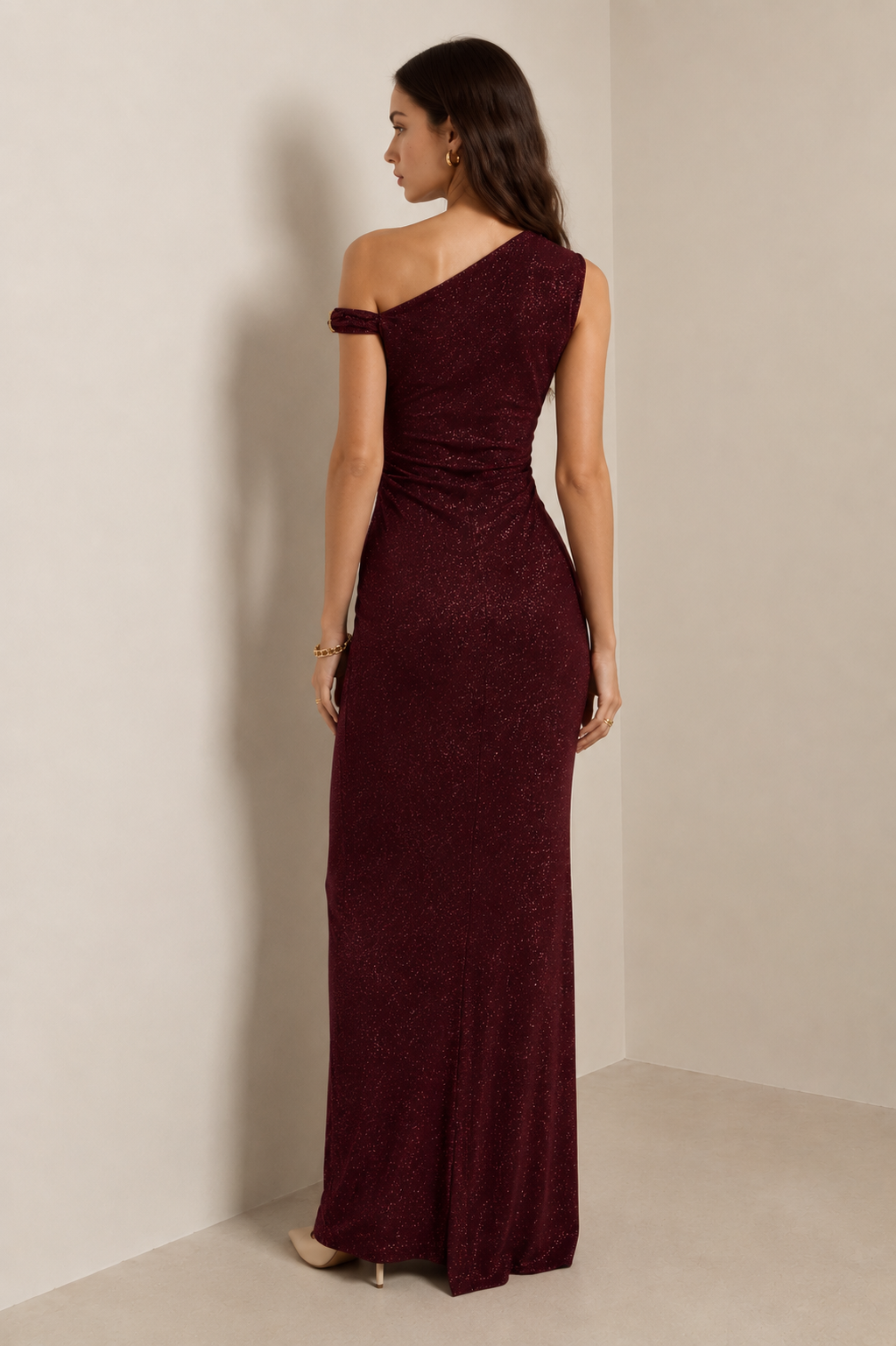 Sparkle Evening Boat Neck Maxi Dress with Twisted Gold Accents
