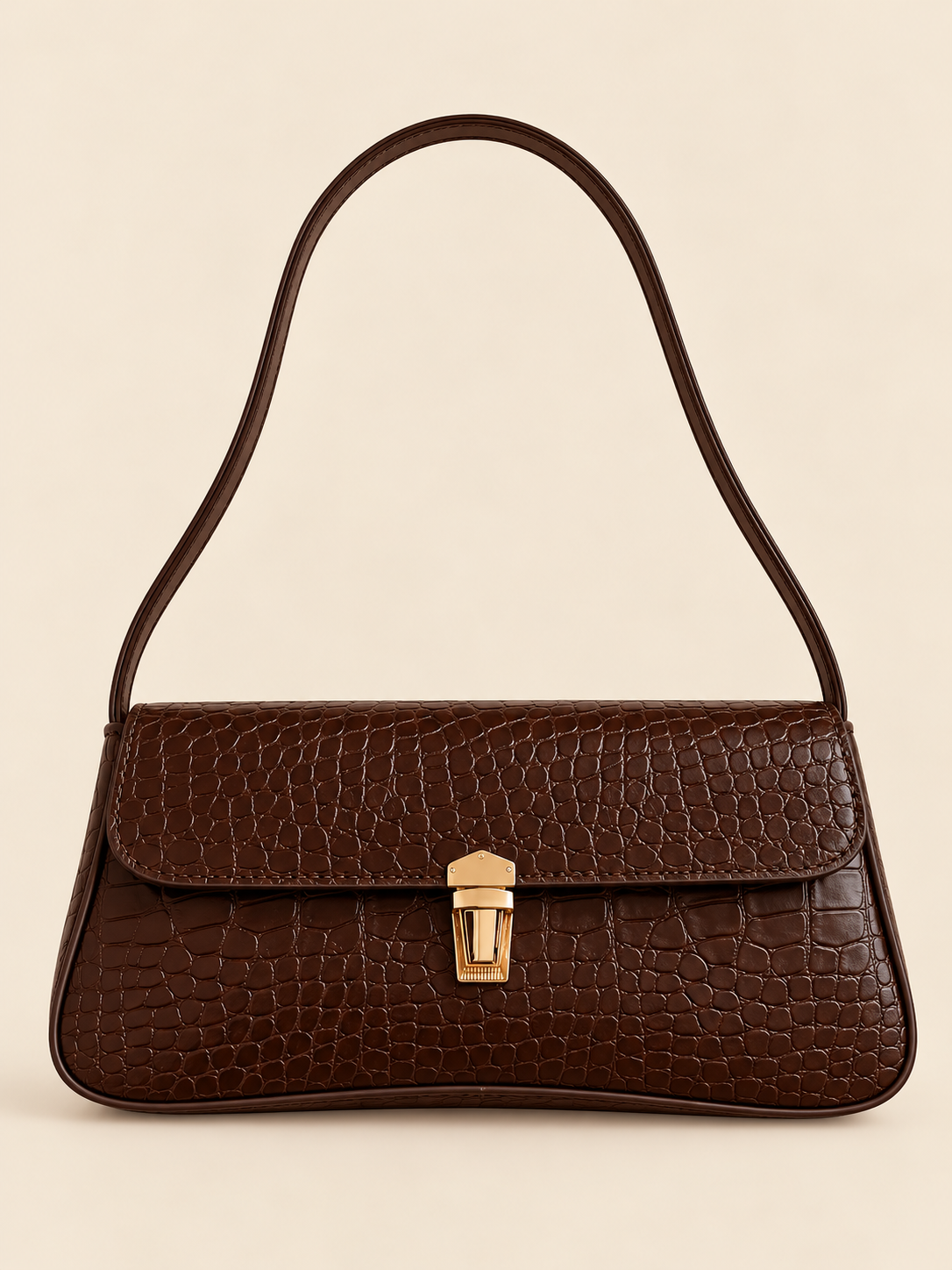Brown Croc Baguette Purse with Retro Gold Closure