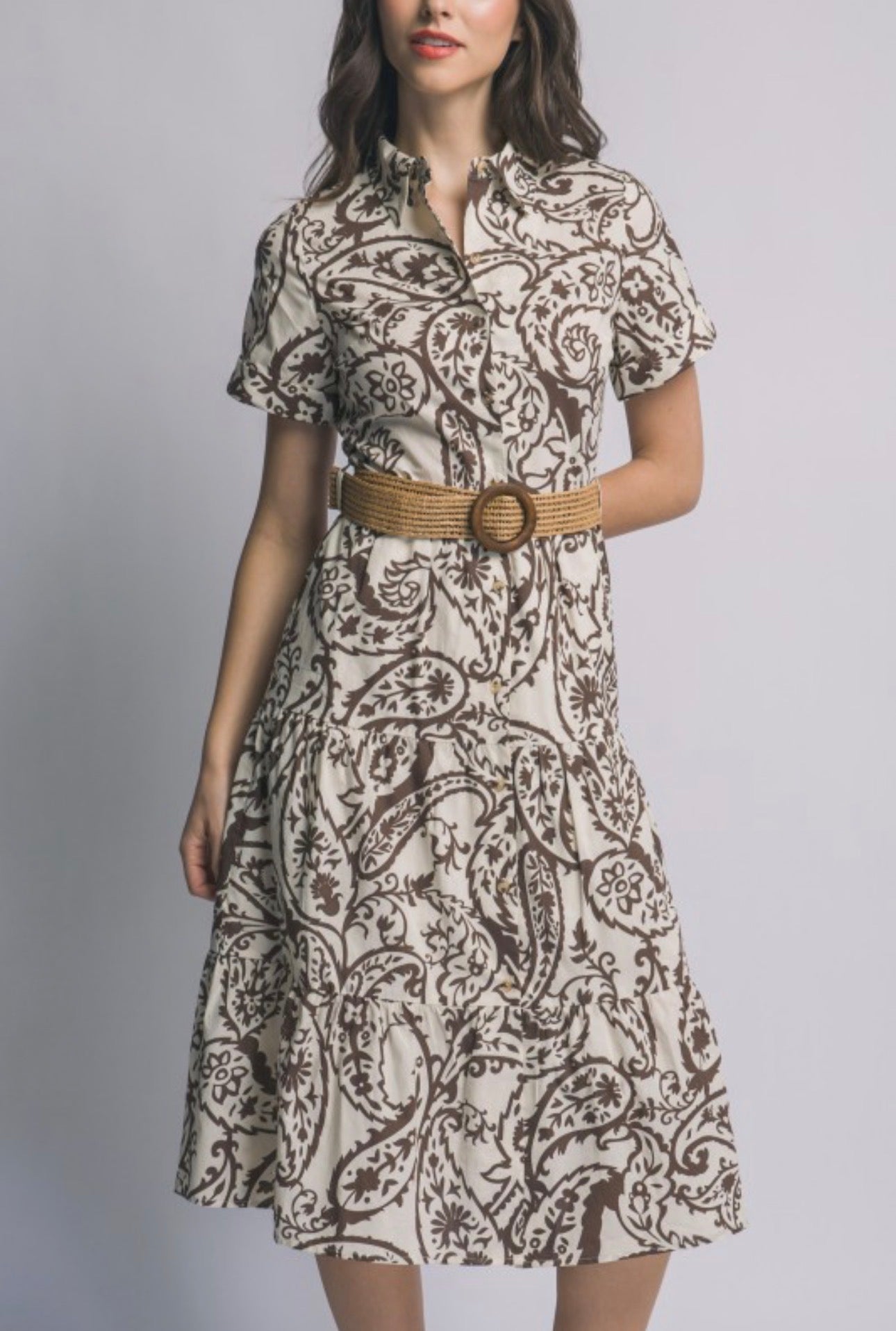 Brown Paisley Short Sleeve Dress with Woven Belt