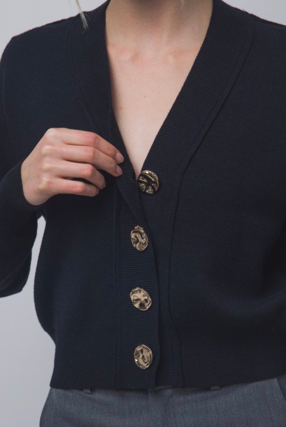V Neck Cardigan with Gold Abstract Buttons