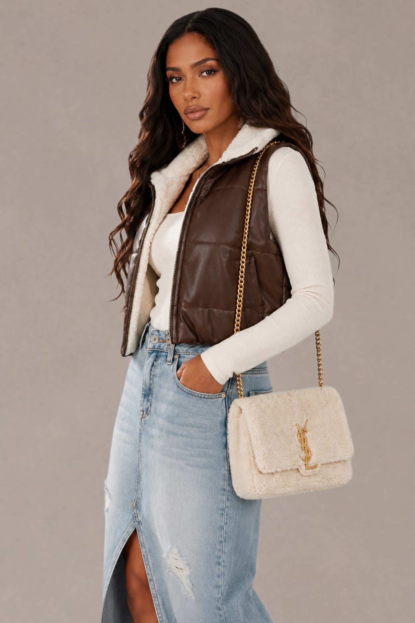 Leather Puffer Vest with Sherpa