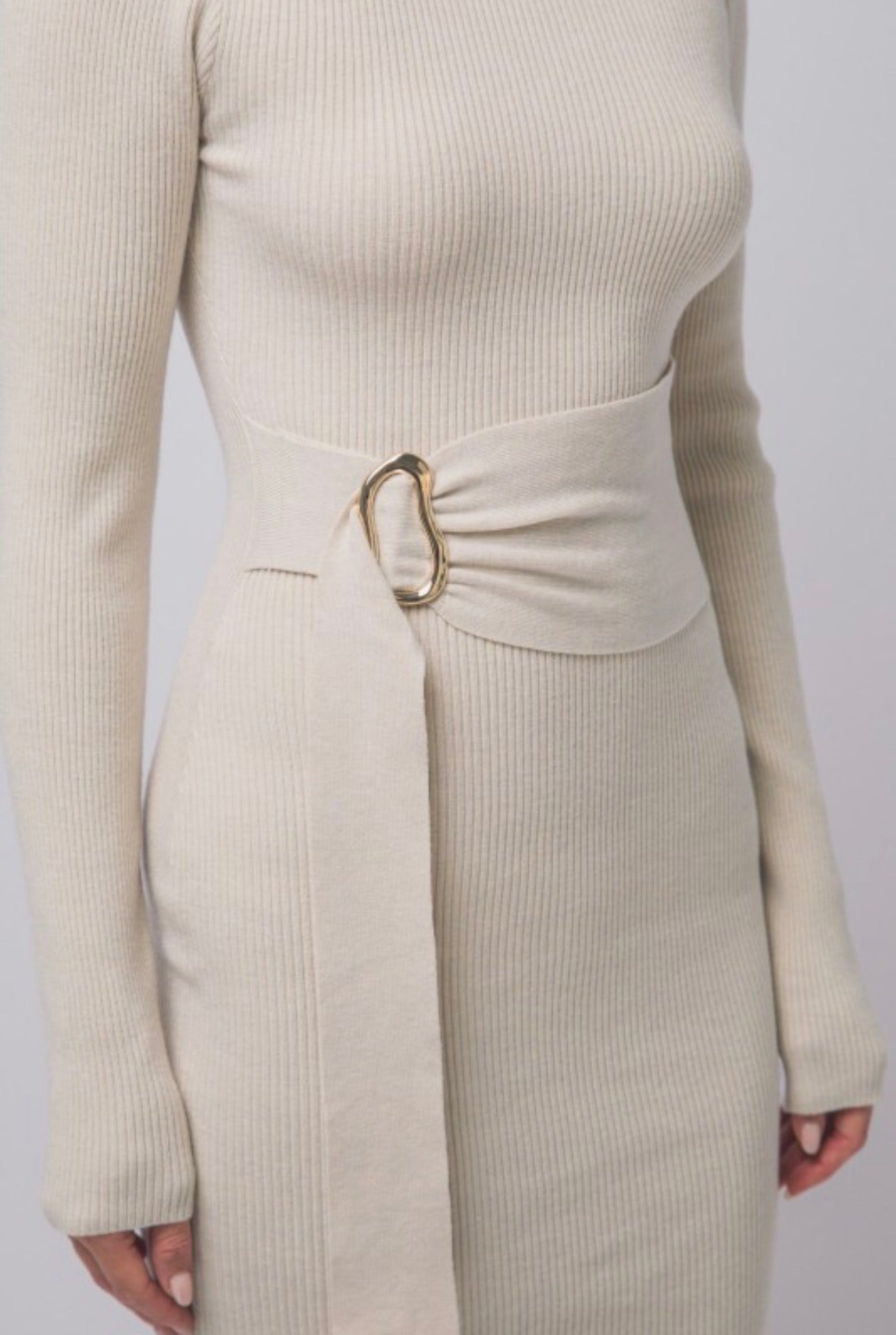 Mock Neck Long Sleeve Sweater Midi Dress with Tie Waist