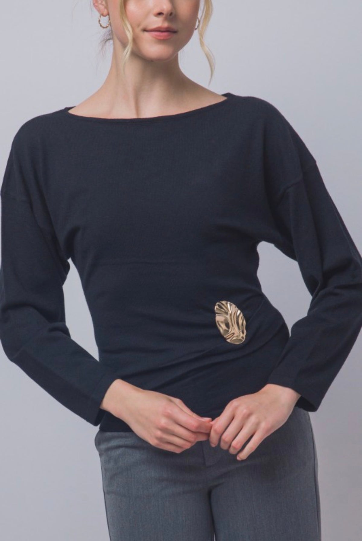 Boat Neck Long Sleeve Ruched with Gold Accent
