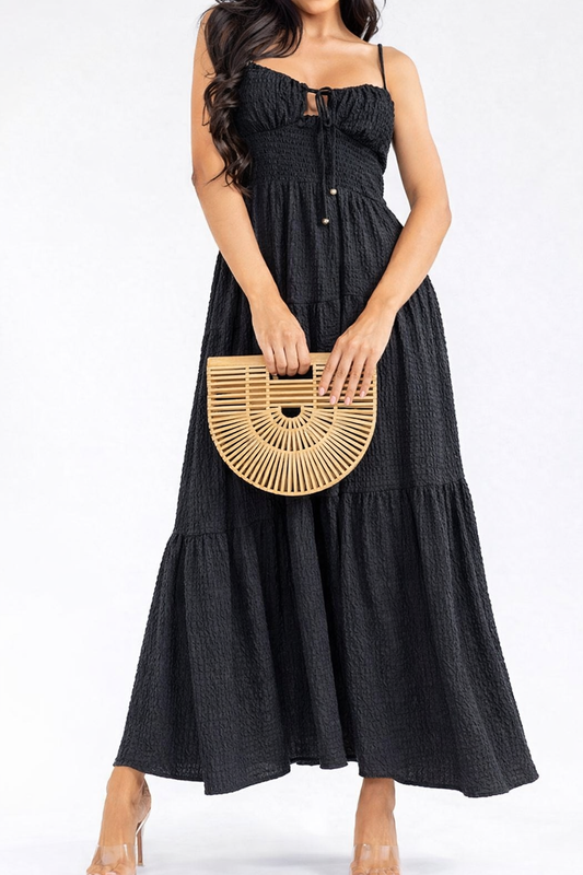 Black Front Tie Maxi Dress with Gold Accent