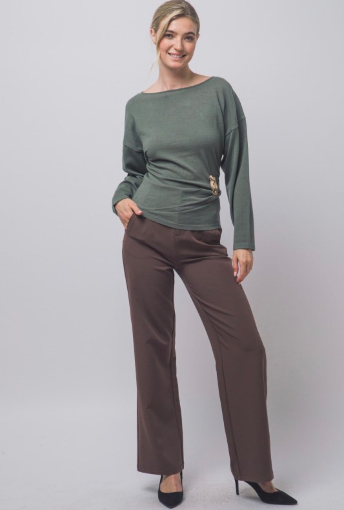 Boat Neck Long Sleeve Ruched with Gold Accent