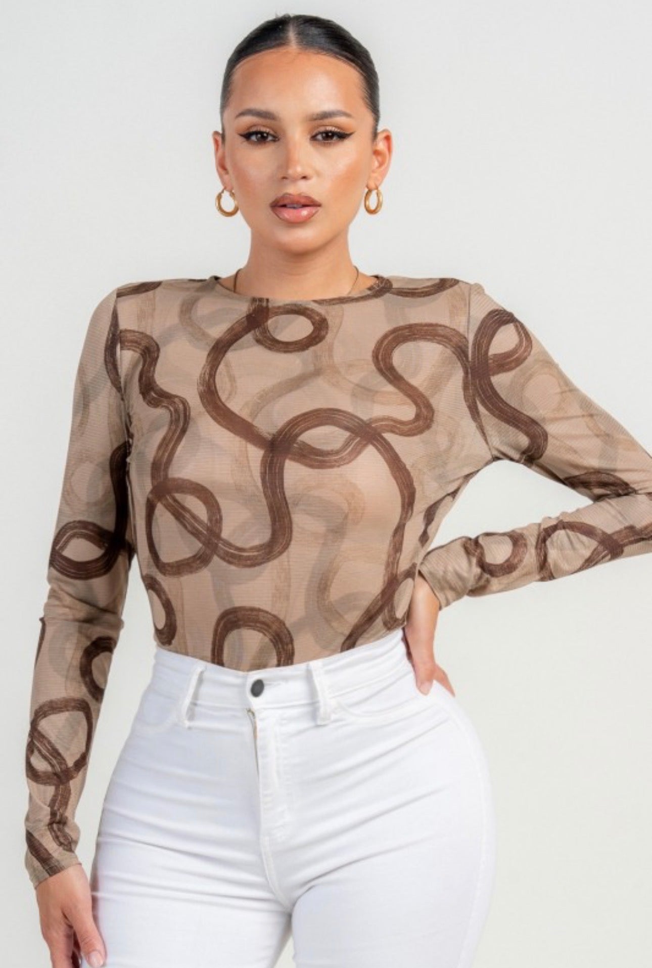 Abstract Swirl Mesh Bodysuit with Open Back