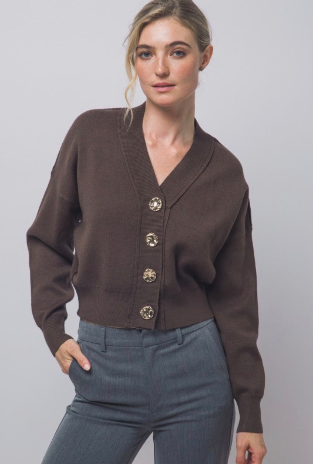 V Neck Cardigan with Gold Abstract Buttons