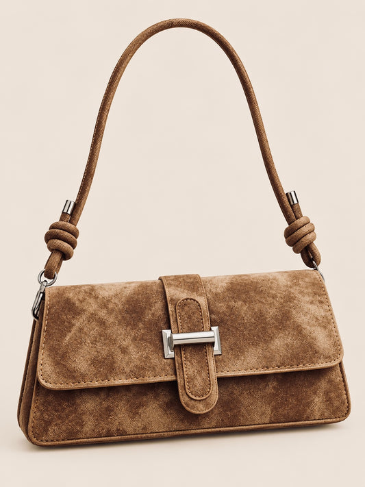 Beige Acid Wash Silver Belted Baguette Purse with Knotted handle