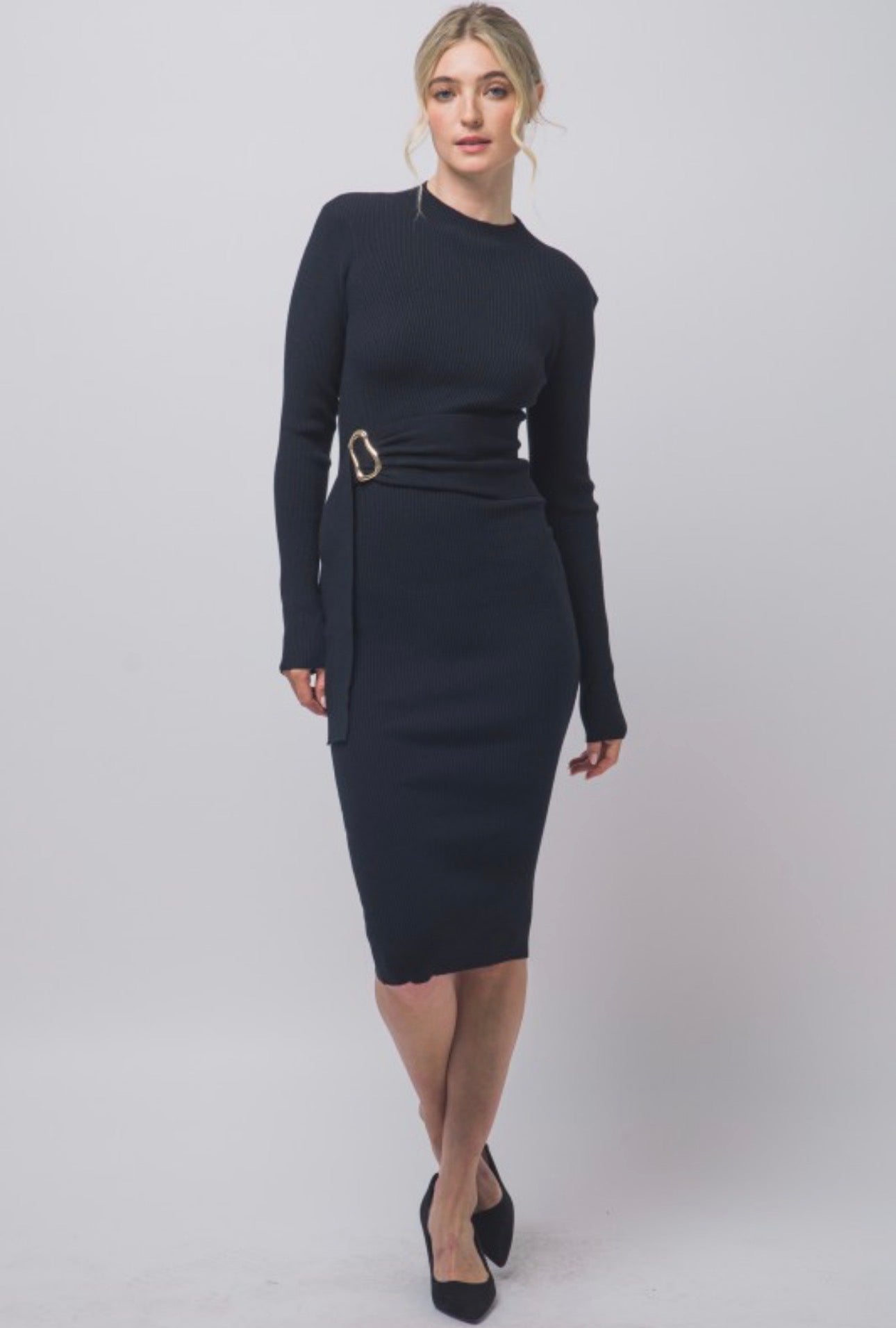 Mock Neck Long Sleeve Sweater Midi Dress with Tie Waist