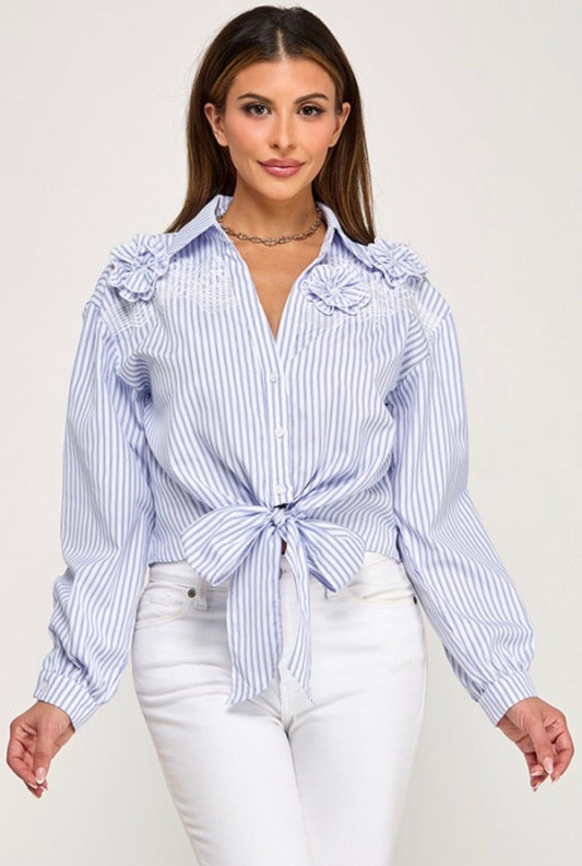 Pinstripe Button Blouse with Florals