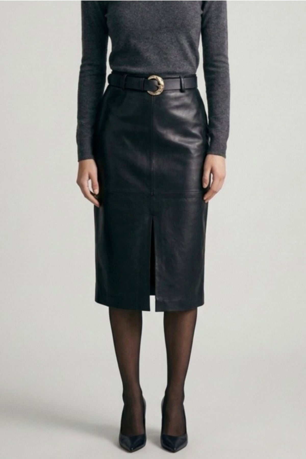 Belted Leather Midi Skirt with Front Slit