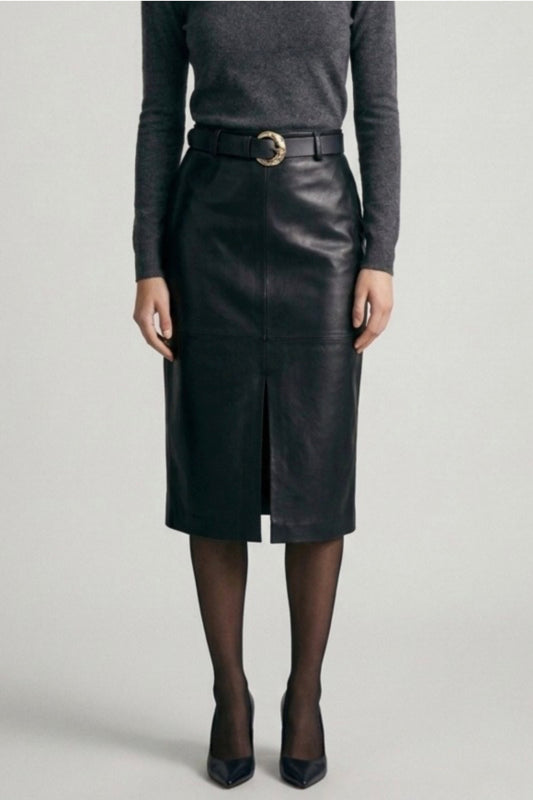 Belted Leather Midi Skirt with Front Slit