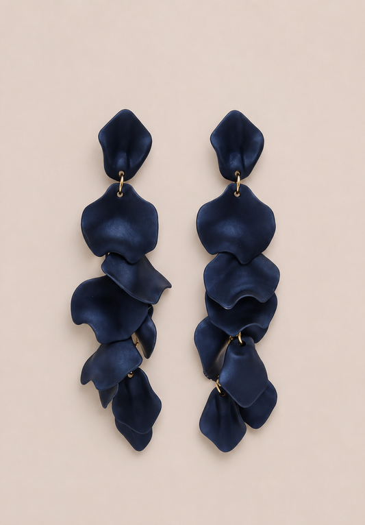 Navy Petal Gold Drop Earrings