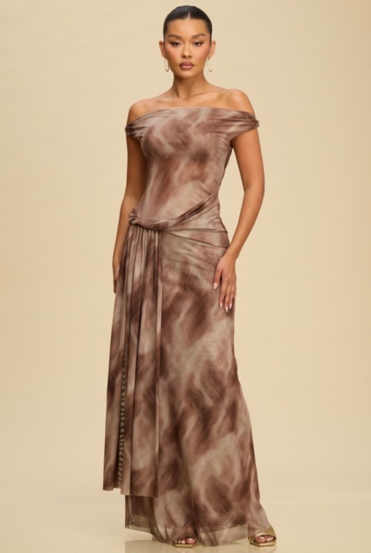 Brown Mesh Drape Asymmetrical Off-the-Shoulder Maxi
