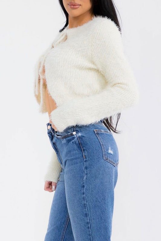 Fuzzy Double Front Tie Crop Cardigan