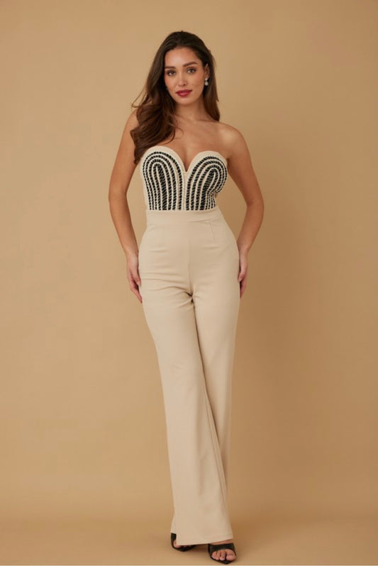 Beige Strapless Sweetheart Jumpsuit with Black Embroidery