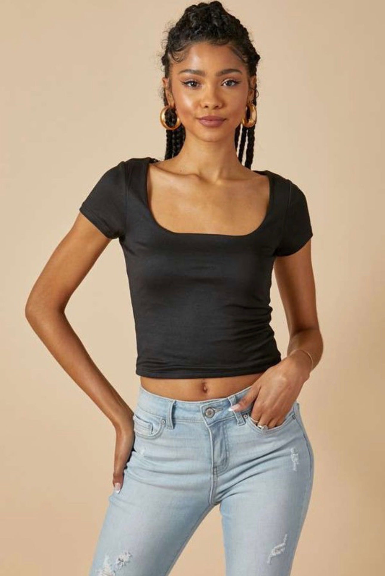 Square Neck Cap Sleeve Double Lined Crop