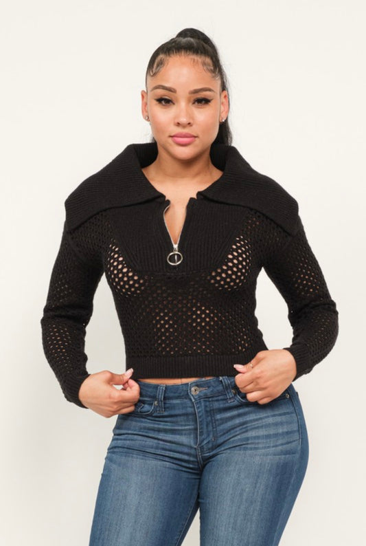 Quarter Zip Open Knit Crop Sweater