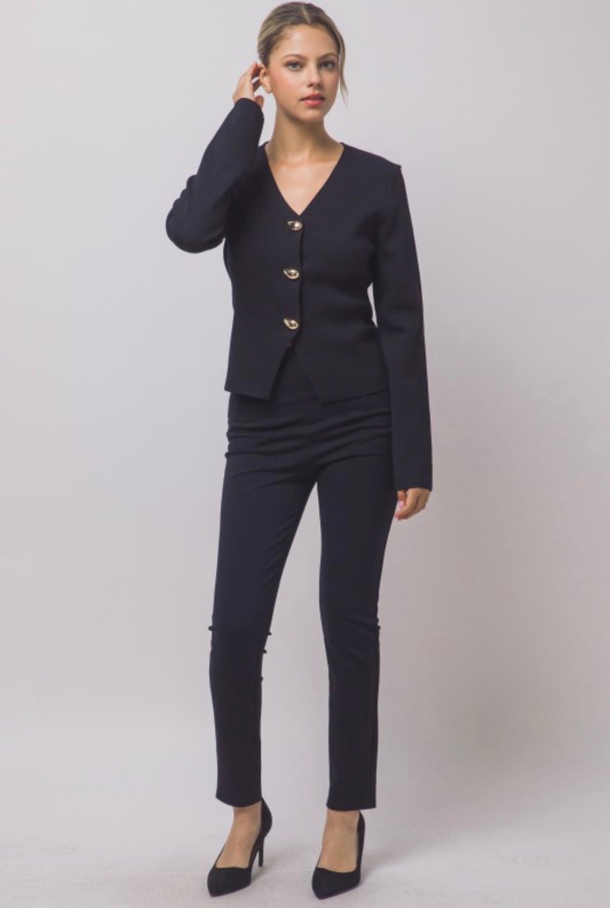 Split Front Ribbed Gold Button Front Cardigan