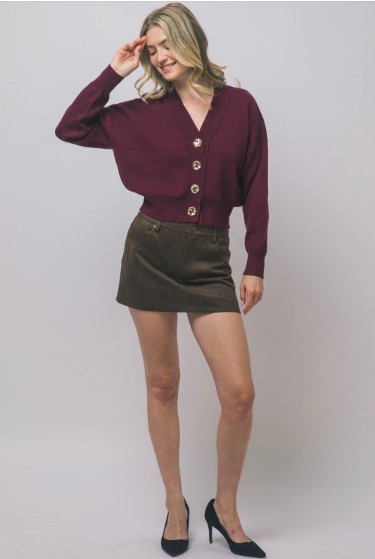 V Neck Cardigan with Gold Abstract Buttons