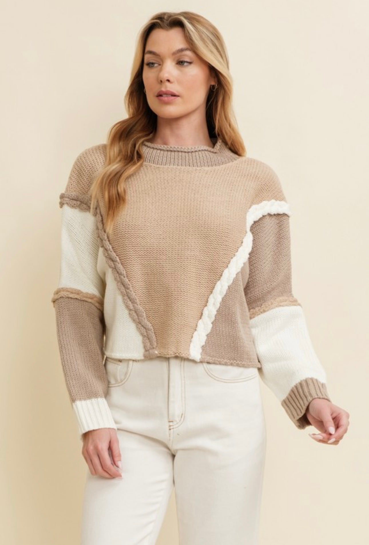 Tri Tone Mock Neck Crop Sweater